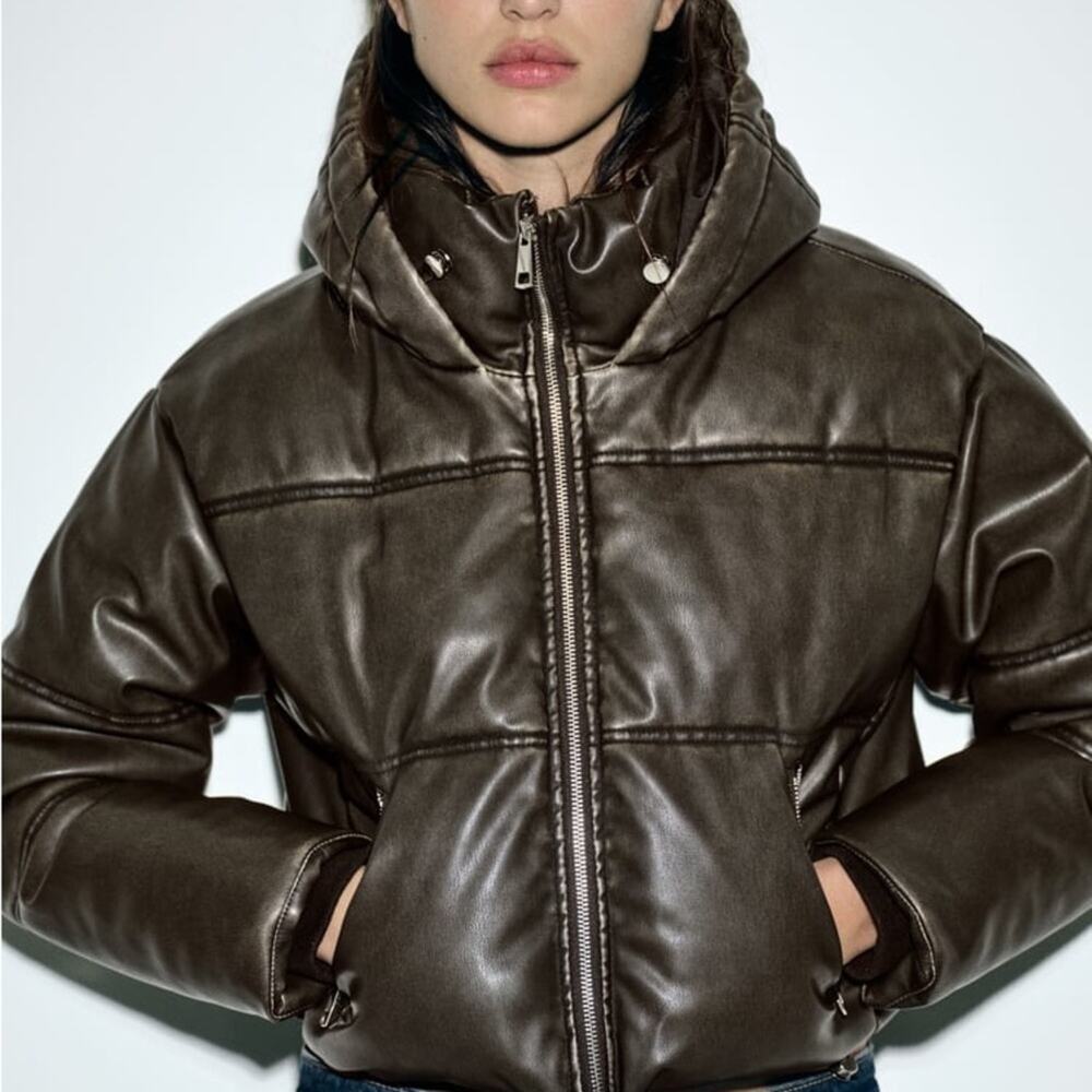 ZARA FAUX LEATHER CROPPED PUFFER ANORAK